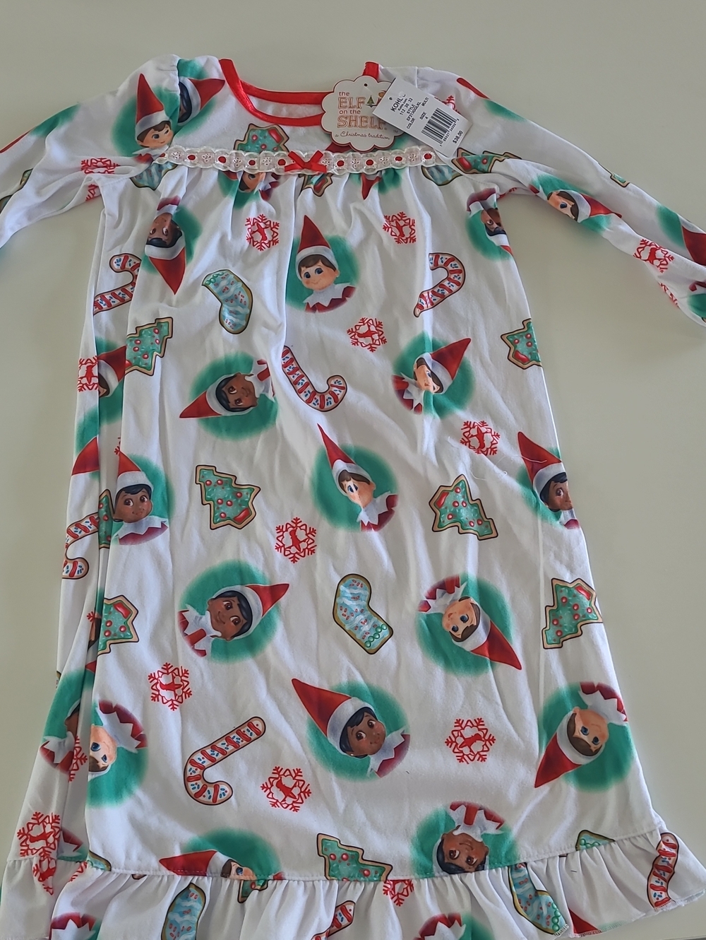 ELF Girls White Nightgown with Red & Green Elf Holiday Print